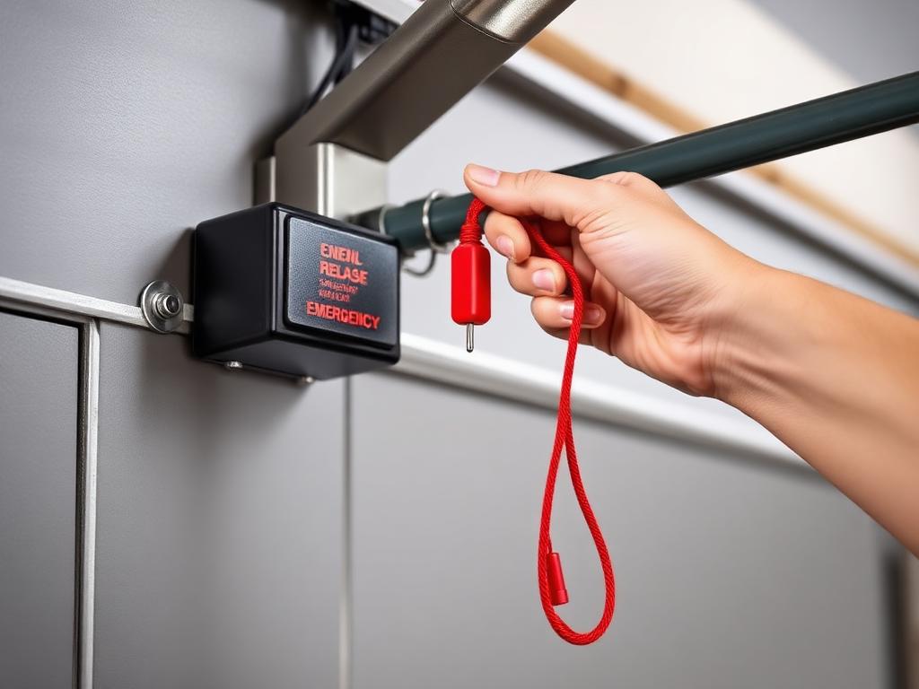 Emergency release cord on garage door opener for manual operation during power outages