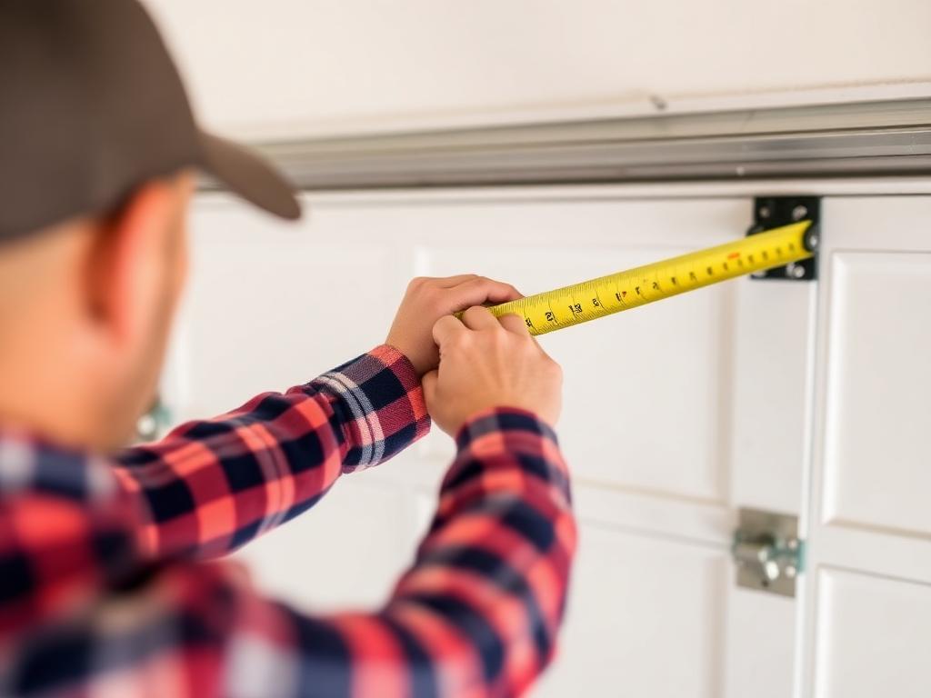 Homeowner measuring garage door opening with tape measure for new door installation