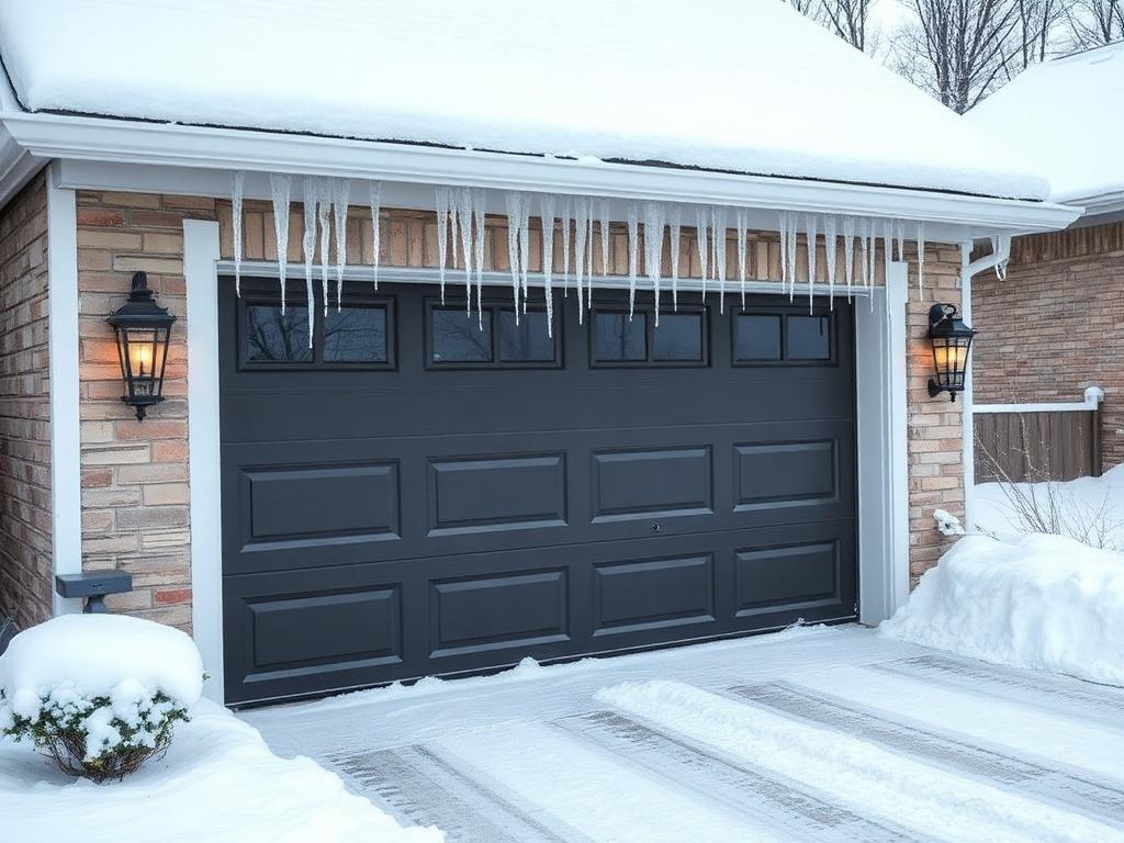 Residential garage door in winter snow conditions requiring winterization